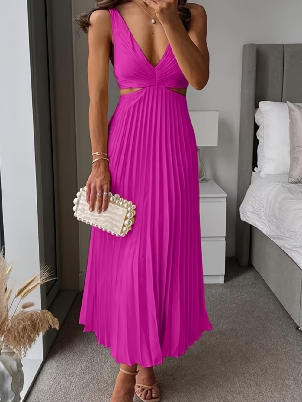 40 - SHEIN Fuchsia Pleated Maxi Dress with Waist Cutouts